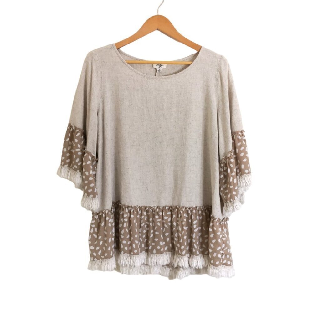 Umgee Boho Mixed Media Polka Dot Print Ruffle Tiered Frayed Hem Tunic Top